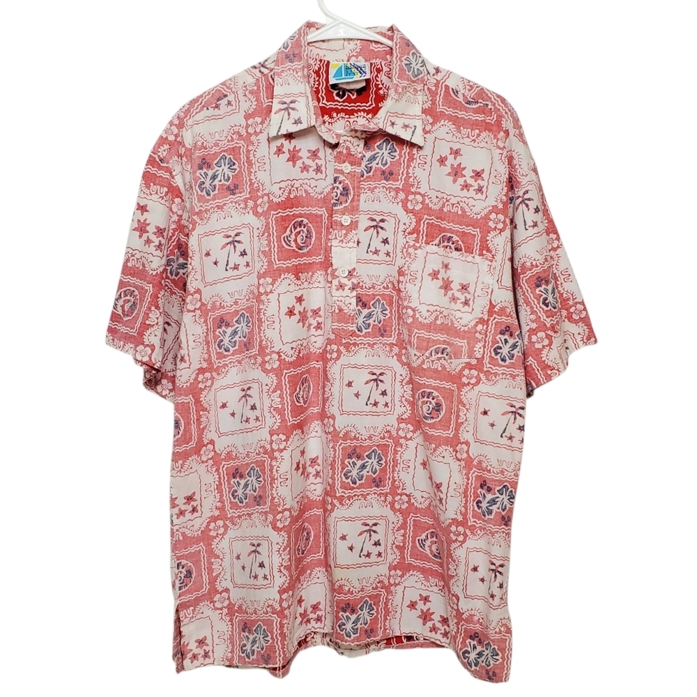 2499 * The Men's Store At Sears Hawaiian Button Down Red White Size L Vintage